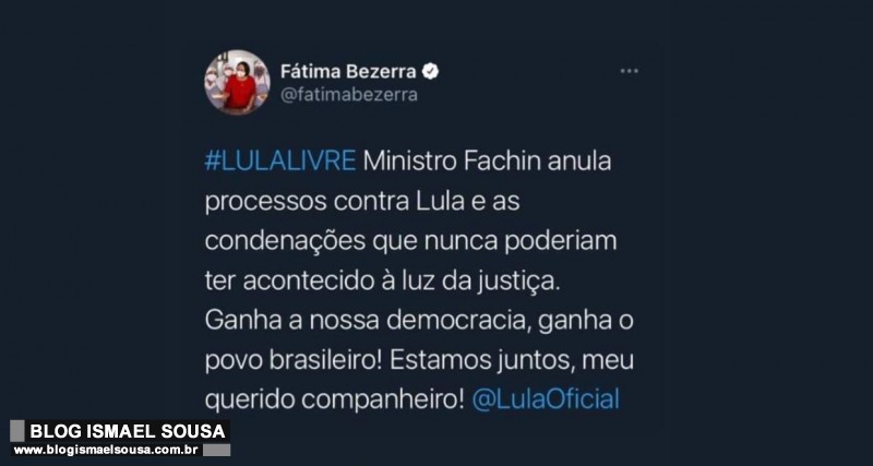 Enquanto ela quer manter vocÃª "preso", FÃ¡tima comemora o â€œLula Livreâ€