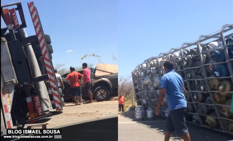 CaminhÃ£o com botijÃµes de gÃ¡s tomba apÃ³s ser atingido por caminhonete