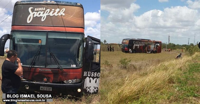 Ã”nibus da banda Grafith quebra barra de direÃ§Ã£o e sai da pista na BR-304