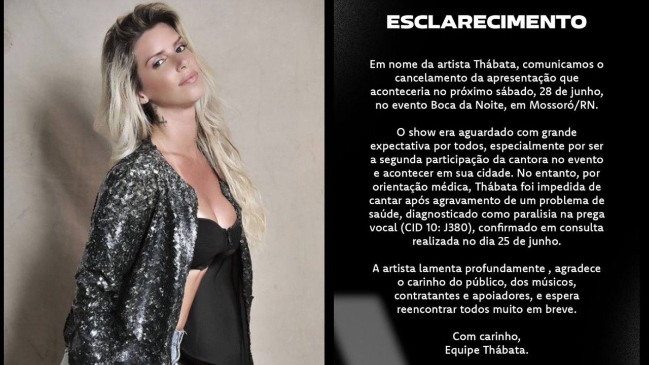 Thábata Mendes cancela show no Boca da Noite por problema de saúde
