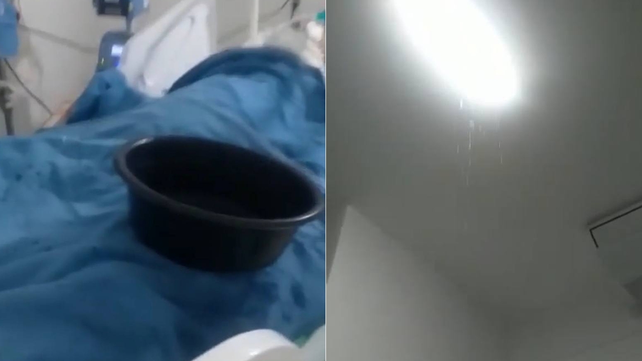 Descaso: Enfermeiros usam balde para aparar goteira em cima de paciente internado no HRTM