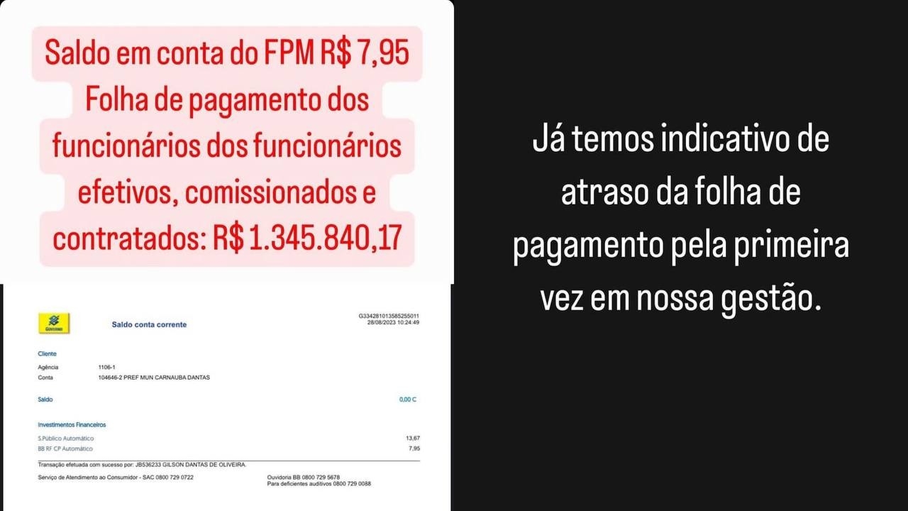 Prefeito de município do RN mostra saldo do FPM na conta da prefeitura: R$ 7,95