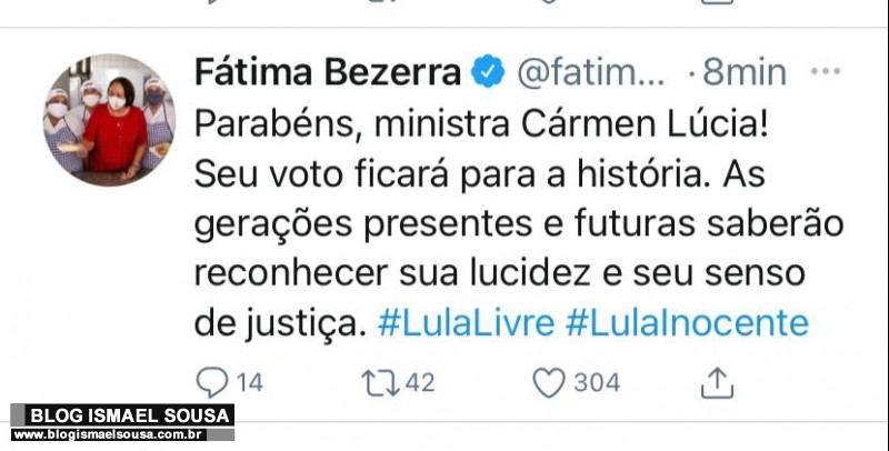 Fátima esquece pandemia e vai comemorar decisão do STF: "Lula Livre"