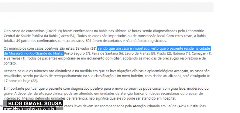 Mossoroense que estÃ¡ na Bahia testa positivo para coronavÃ­rus