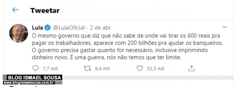 Lula sugere "imprimir dinheiro" para combater o CoronavÃ­rus