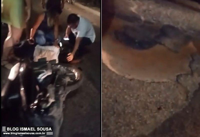 Mulher fica ferida ao cair com moto em buraco na Avenida JoÃ£o da EscÃ³ssia