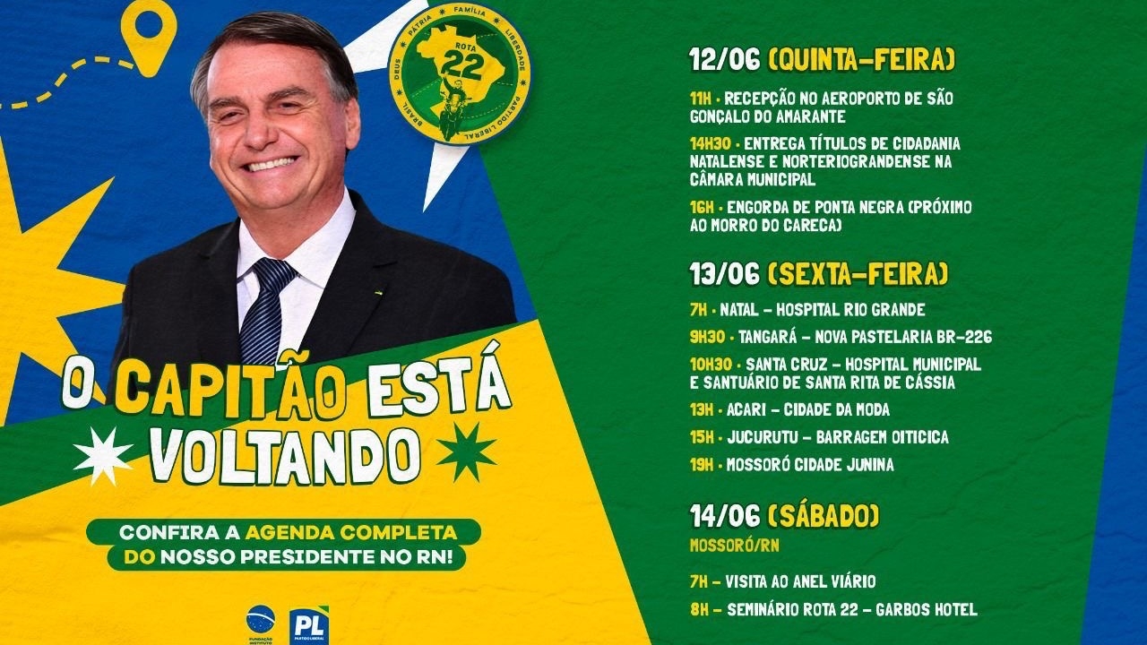 Bolsonaro volta ao RN para Seminário do Rota 22; confira programação completa