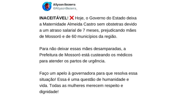 Allyson critica Fátima por greve de obstetras e anuncia medidas para manter partos de urgência