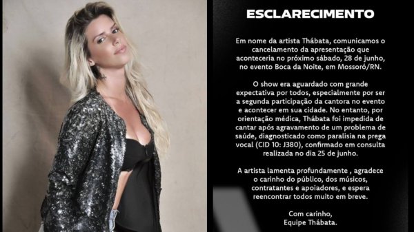Thábata Mendes cancela show no Boca da Noite por problema de saúde
