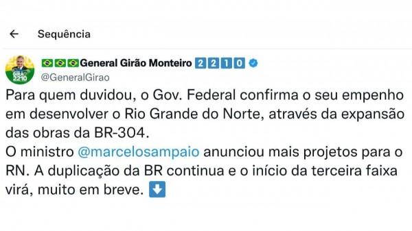 General Girão anuncia mais obras do Governo Federal para a BR-304