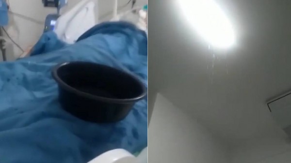 Descaso: Enfermeiros usam balde para aparar goteira em cima de paciente internado no HRTM