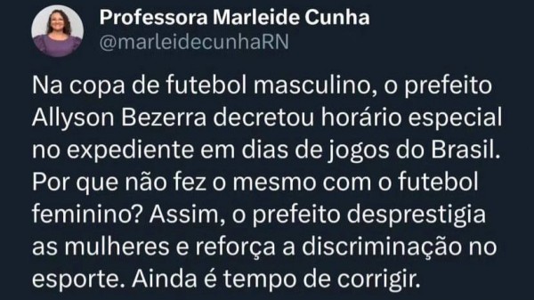 Saúde de Mossoró agoniza, mas vereadora do PT está preocupada com Copa do Mundo Feminina