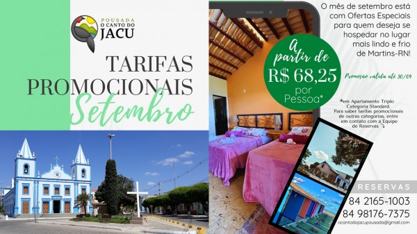Martins-RN: Pousada O Canto do Jacu; tarifas promocionais em setembro/2022