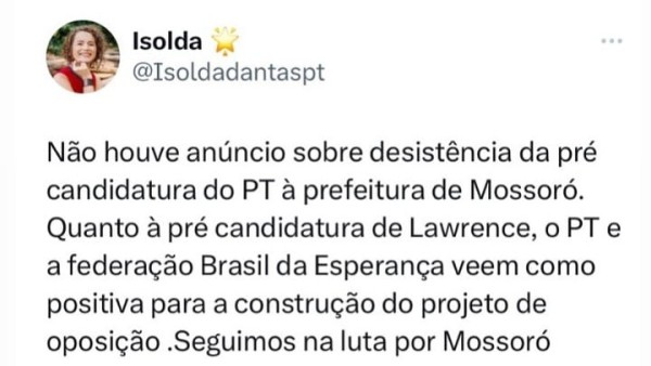 Isolda nega desistência de pré-candidatura e flerta com Lawrence