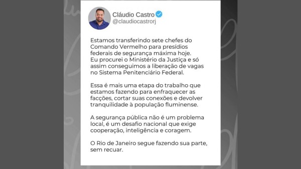 Chefes do CV do RJ serão transferidos hoje para presídios federais; destino pode incluir Mossoró