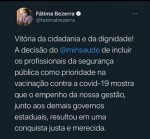 Agora deu bom: Fátima quer ser a "madrinha" da vacinação dos agentes de segurança